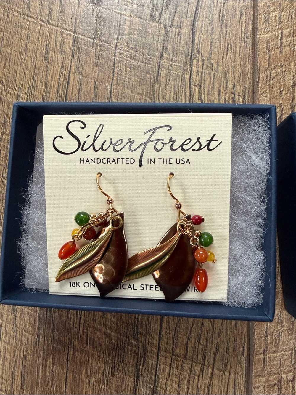 Silver Forest Gold Leaf Dangle Earrings with Red, Green and Orange Accents